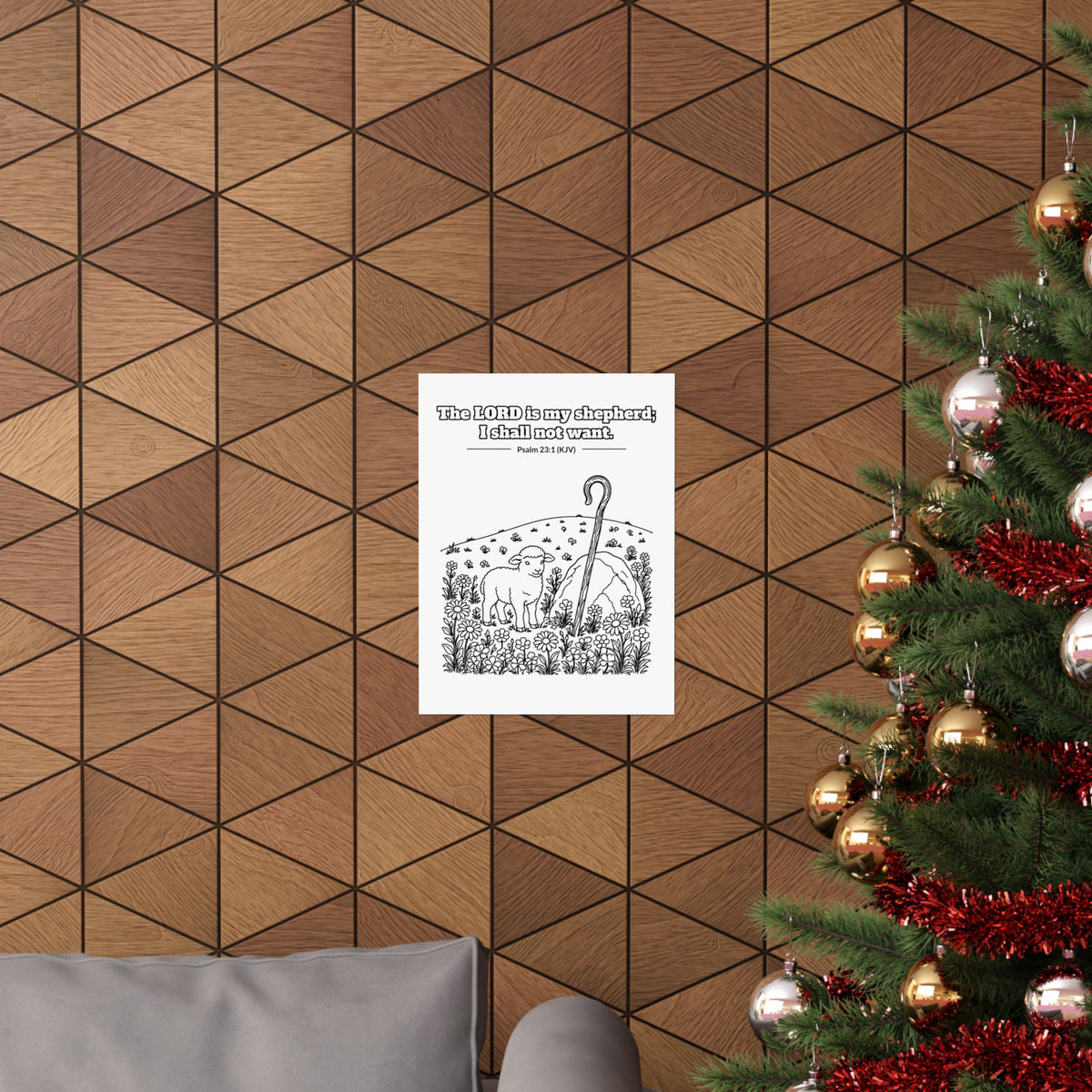 Black line art poster of a lamb beside a shepherd's crook in a flowering meadow, with Psalm 23:1 KJV lettered above: The LORD is my shepherd; I shall not want.