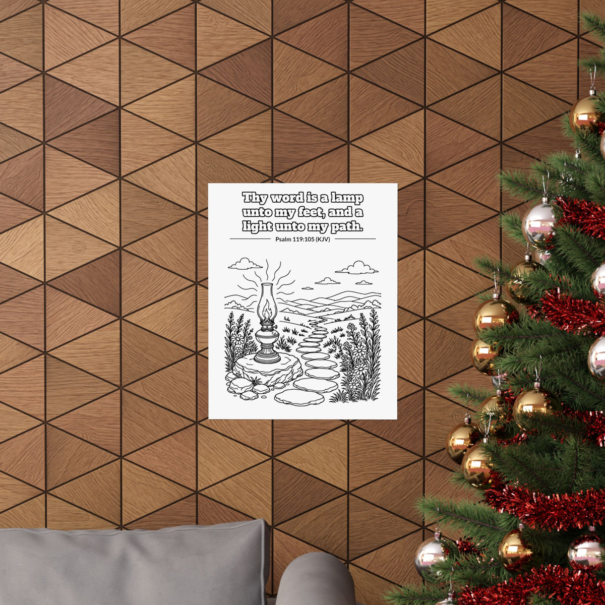 Black line art poster of an oil lamp on a stone beside a stepping-stone path winding into the hills, with Psalm 119:105 KJV lettered above: Thy word is a lamp unto my feet, and a light unto my path.