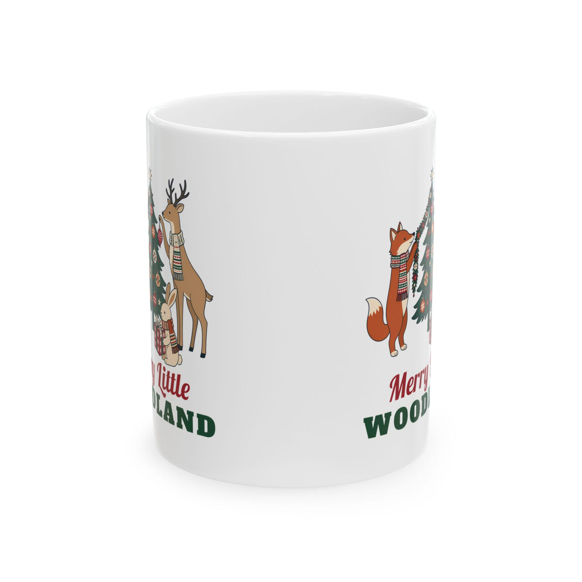 Merry Little Woodland 11oz white mug with a fox, deer and bunny in scarves by a Christmas tree, side view