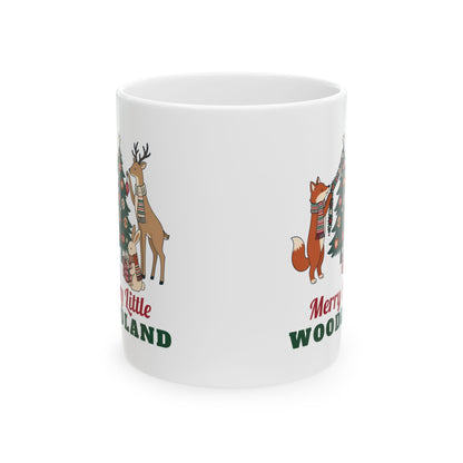 Merry Little Woodland 11oz white mug with a fox, deer and bunny in scarves by a Christmas tree, side view