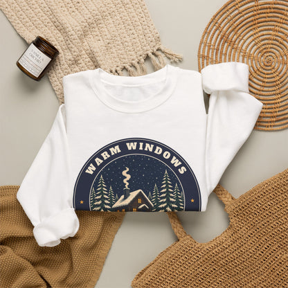 Warm Windows, Snowy Pines unisex crewneck sweatshirt