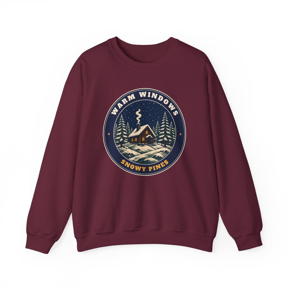 Warm Windows, Snowy Pines unisex crewneck sweatshirt in Maroon