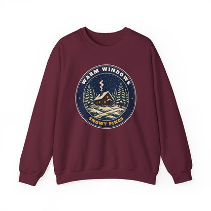 Warm Windows, Snowy Pines unisex crewneck sweatshirt in Maroon
