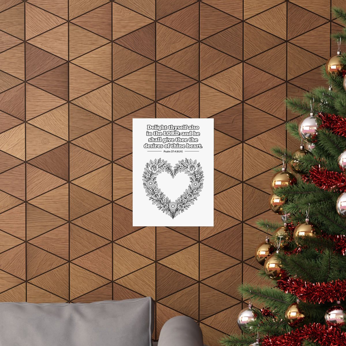 Black line art poster of a heart-shaped wreath of roses, wildflowers and leaves, with Psalm 37:4 KJV lettered above: Delight thyself also in the LORD: and he shall give thee the desires of thine heart.