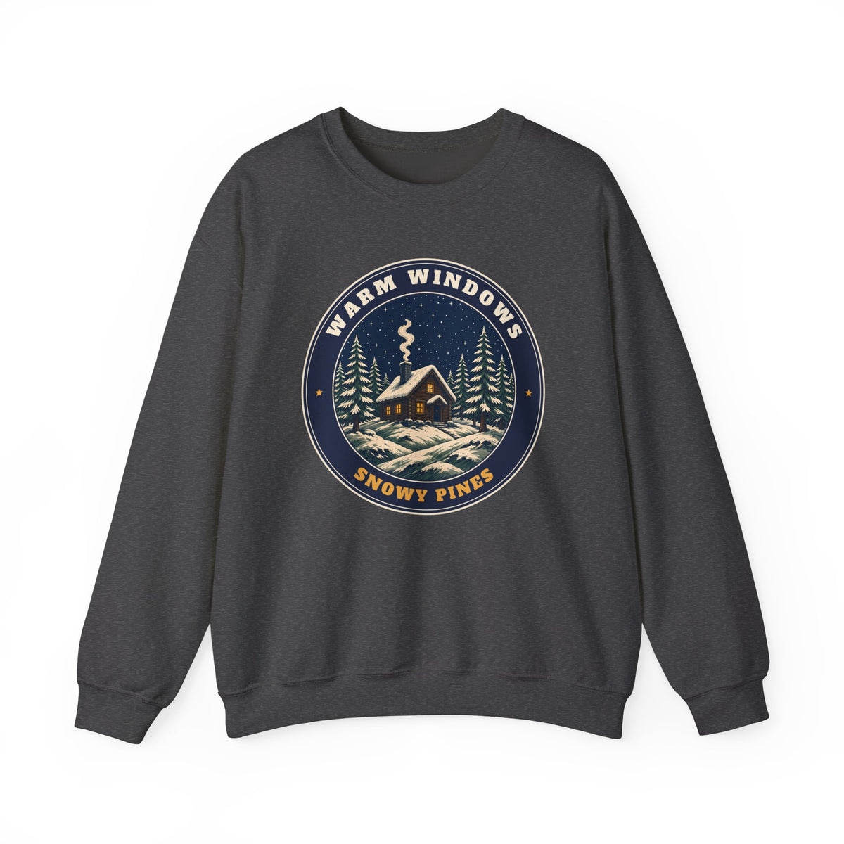Warm Windows, Snowy Pines unisex crewneck sweatshirt in Dark Heather