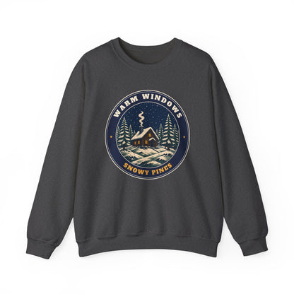 Warm Windows, Snowy Pines unisex crewneck sweatshirt in Dark Heather