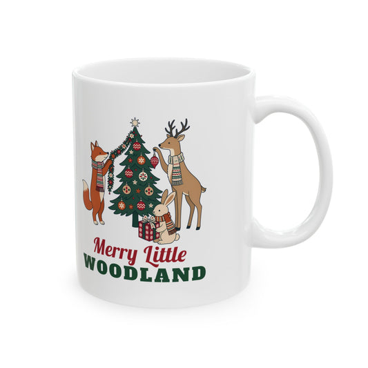 Merry Little Woodland 11oz white mug with a fox, deer and bunny in scarves by a Christmas tree, front