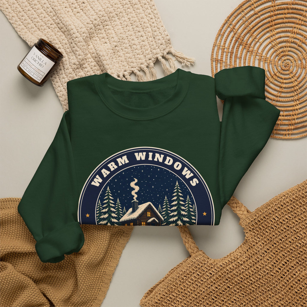 Warm Windows, Snowy Pines unisex crewneck sweatshirt
