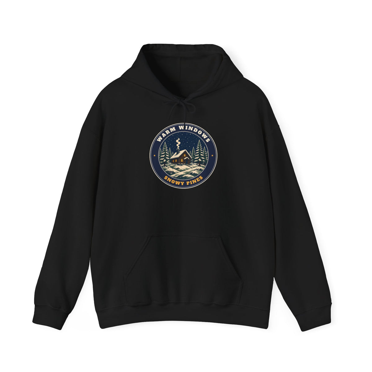 Warm Windows, Snowy Pines unisex hoodie in Black