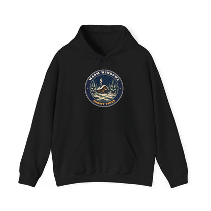 Warm Windows, Snowy Pines unisex hoodie in Black