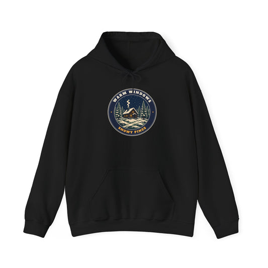 Warm Windows, Snowy Pines unisex hoodie in Black