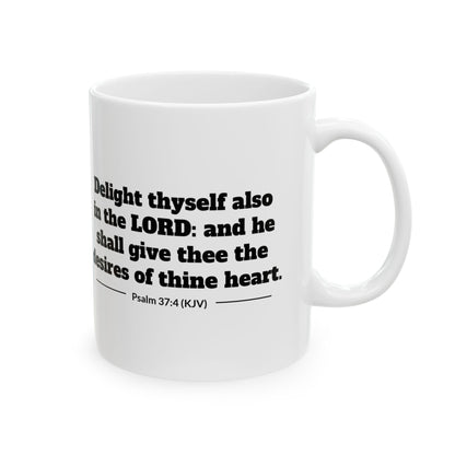 Psalm 37:4 KJV 11oz white mug with floral heart line art and Delight thyself in the LORD verse, back