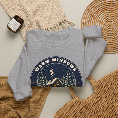 Warm Windows, Snowy Pines unisex crewneck sweatshirt