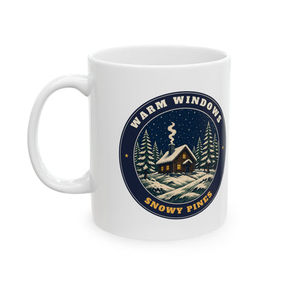 Warm Windows, Snowy Pines 11oz white mug with a glowing cabin among snowy pines, back