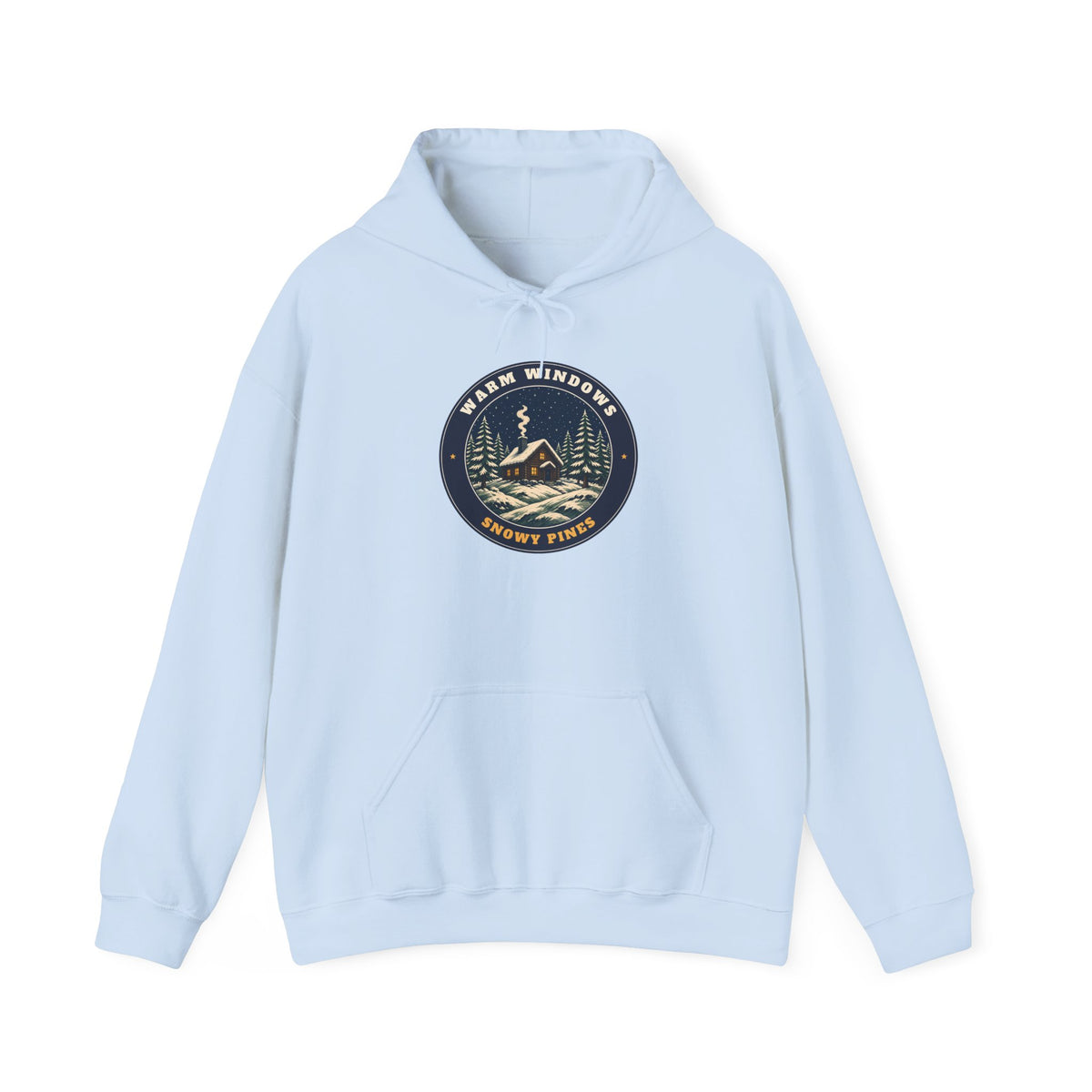 Warm Windows, Snowy Pines unisex hoodie in Light Blue