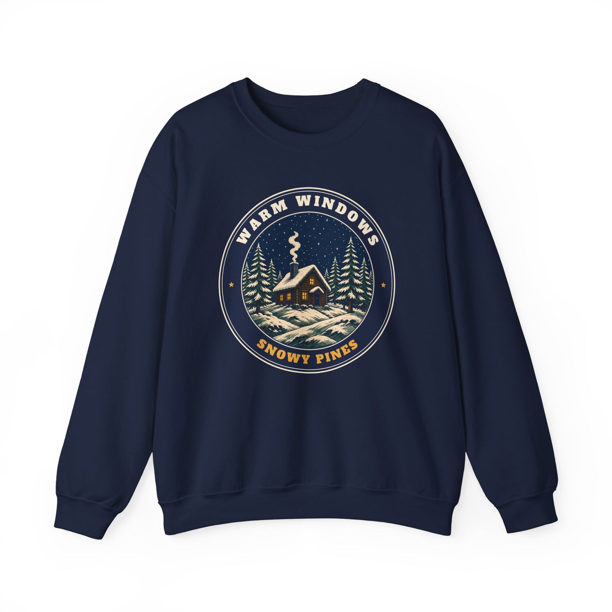 Warm Windows, Snowy Pines unisex crewneck sweatshirt in Navy