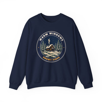 Warm Windows, Snowy Pines unisex crewneck sweatshirt in Navy