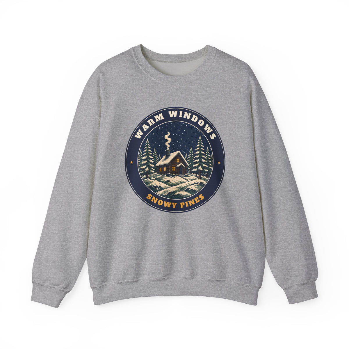 Warm Windows, Snowy Pines unisex crewneck sweatshirt in Sport Grey