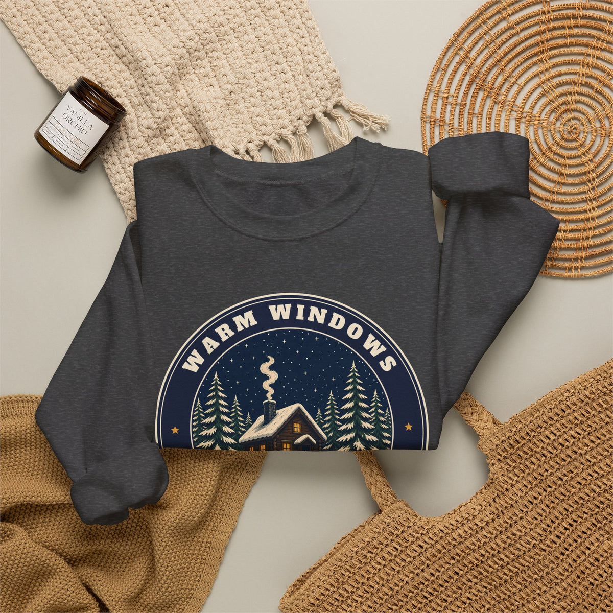 Warm Windows, Snowy Pines unisex crewneck sweatshirt