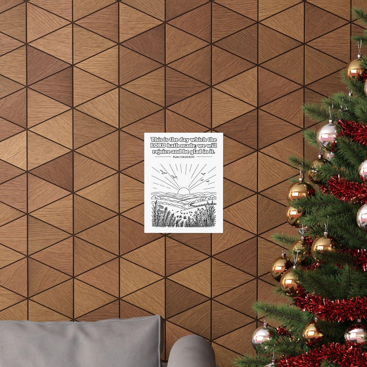 Black line art poster of the sun rising over rolling hills and wildflowers with birds in the sky, with Psalm 118:24 KJV lettered above: This is the day which the LORD hath made; we will rejoice and be glad in it.