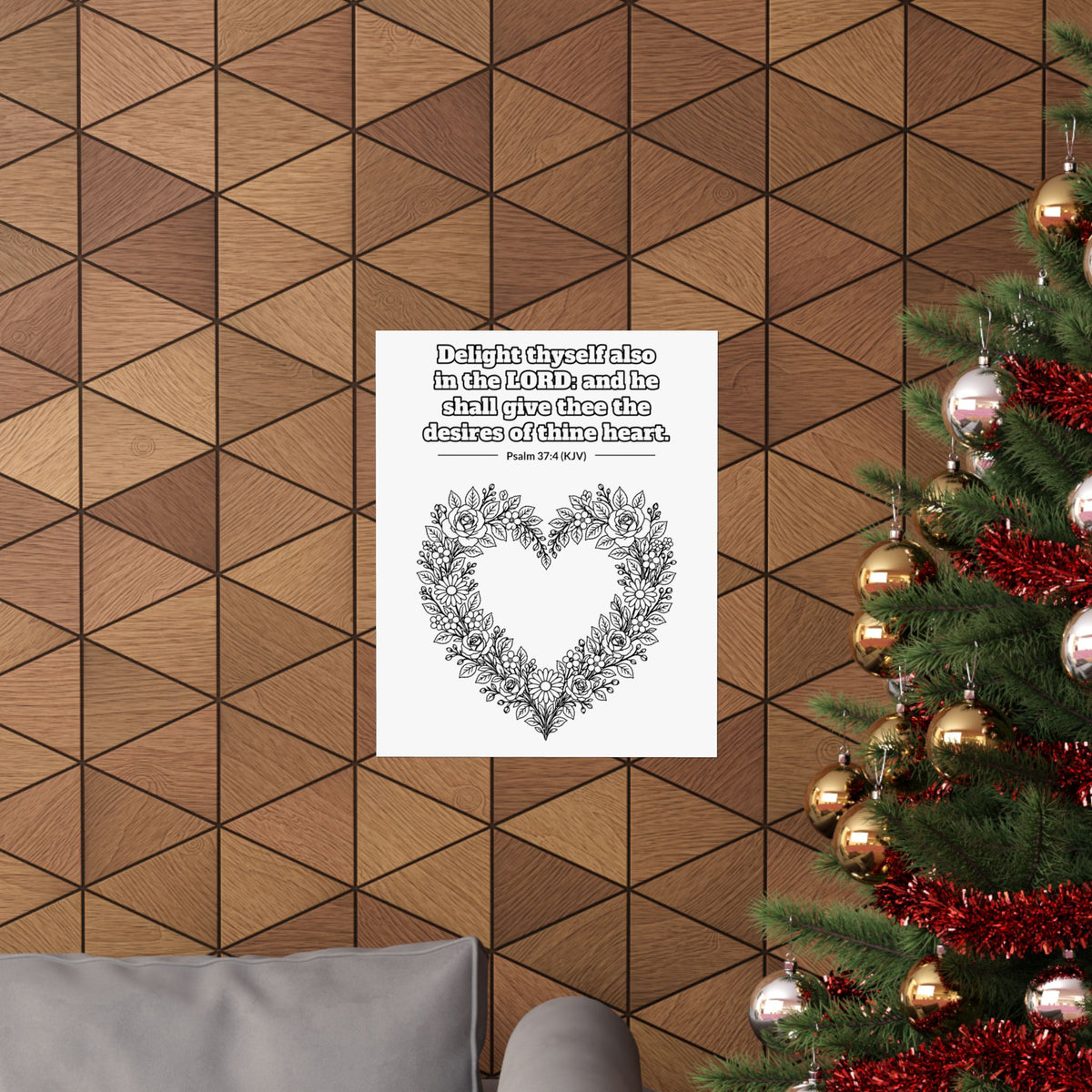 Black line art poster of a heart-shaped wreath of roses, wildflowers and leaves, with Psalm 37:4 KJV lettered above: Delight thyself also in the LORD: and he shall give thee the desires of thine heart.