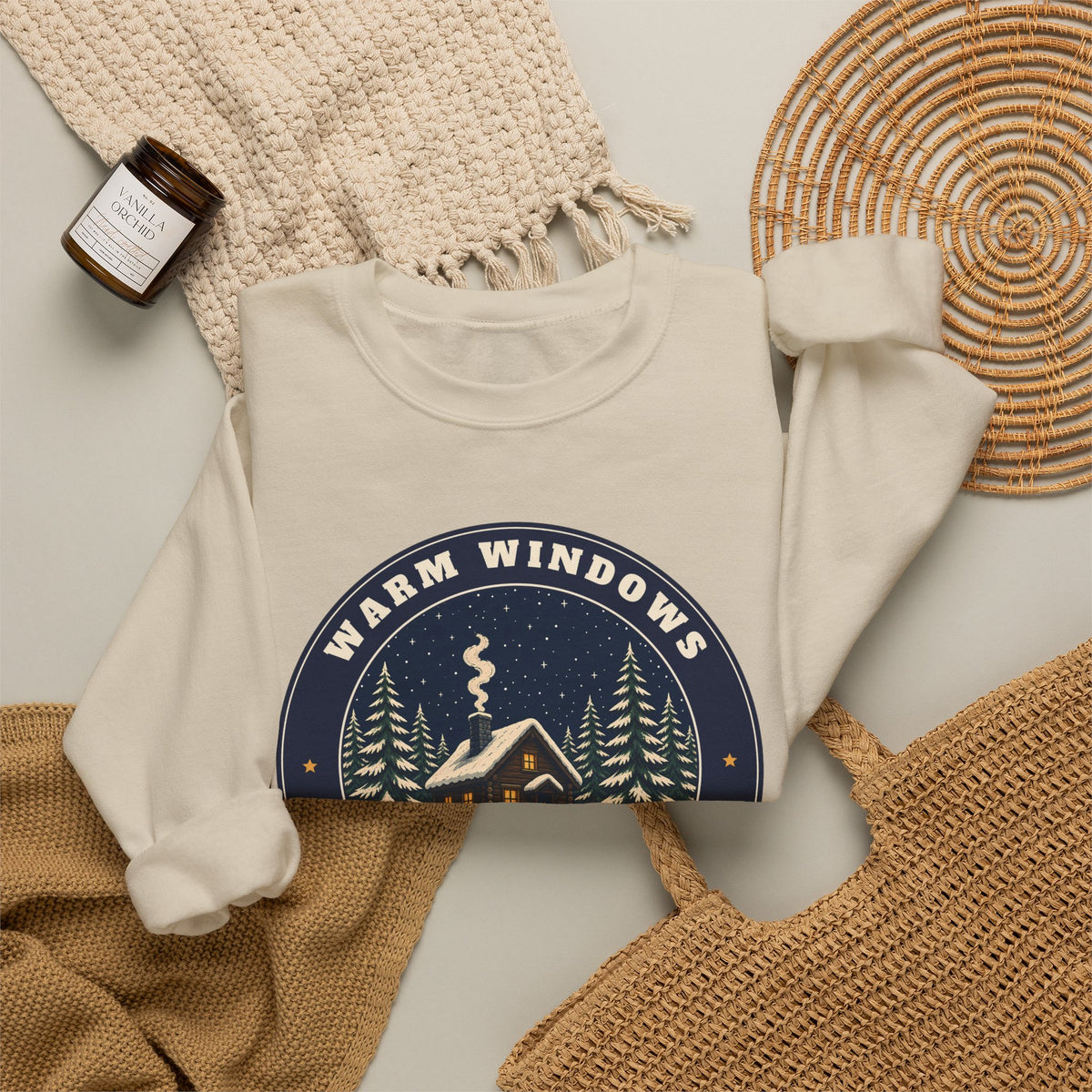 Warm Windows, Snowy Pines unisex crewneck sweatshirt