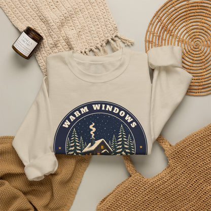 Warm Windows, Snowy Pines unisex crewneck sweatshirt