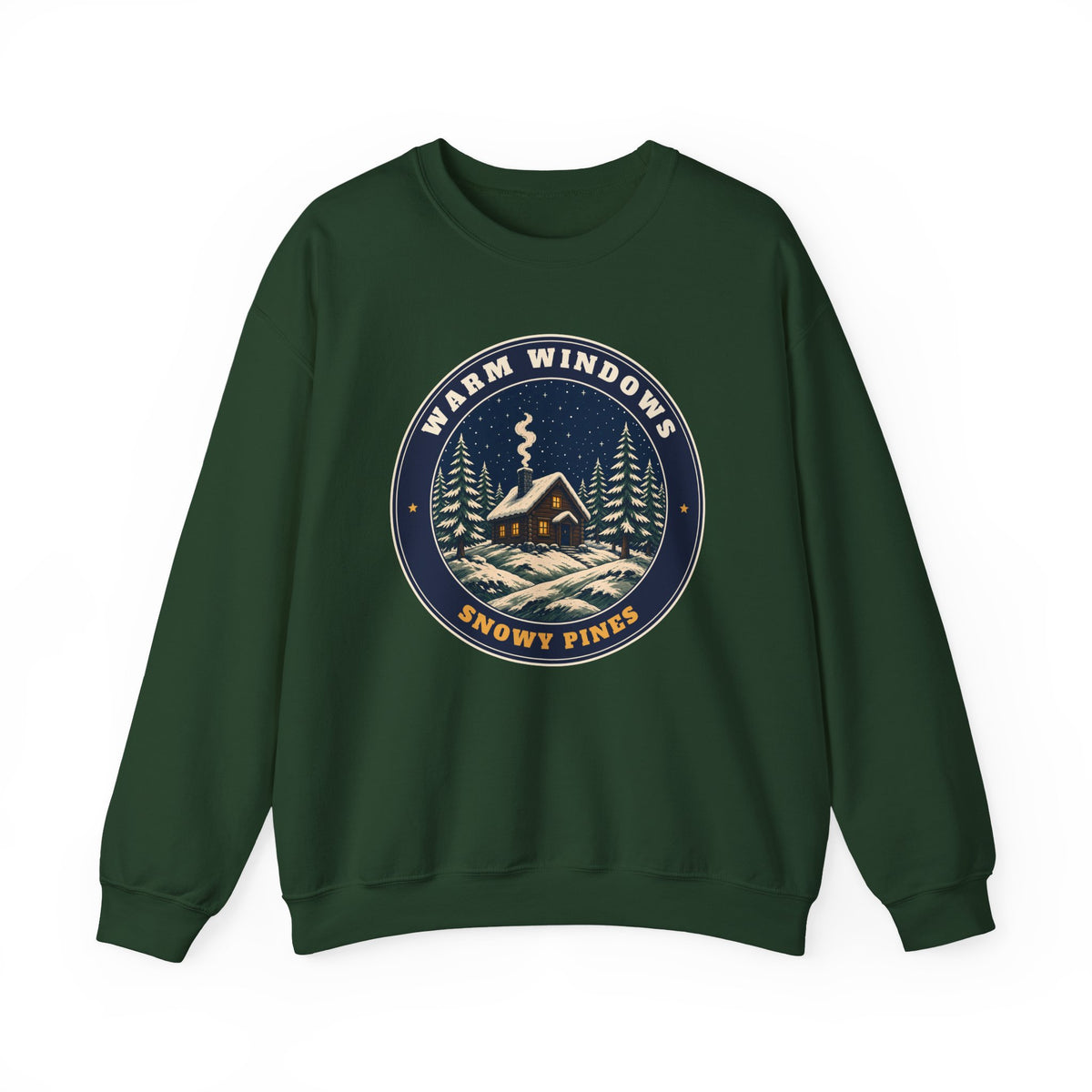 Warm Windows, Snowy Pines unisex crewneck sweatshirt in Forest Green