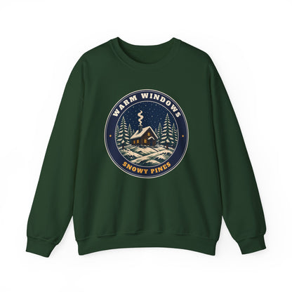 Warm Windows, Snowy Pines unisex crewneck sweatshirt in Forest Green