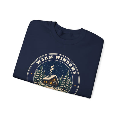 Warm Windows, Snowy Pines unisex crewneck sweatshirt