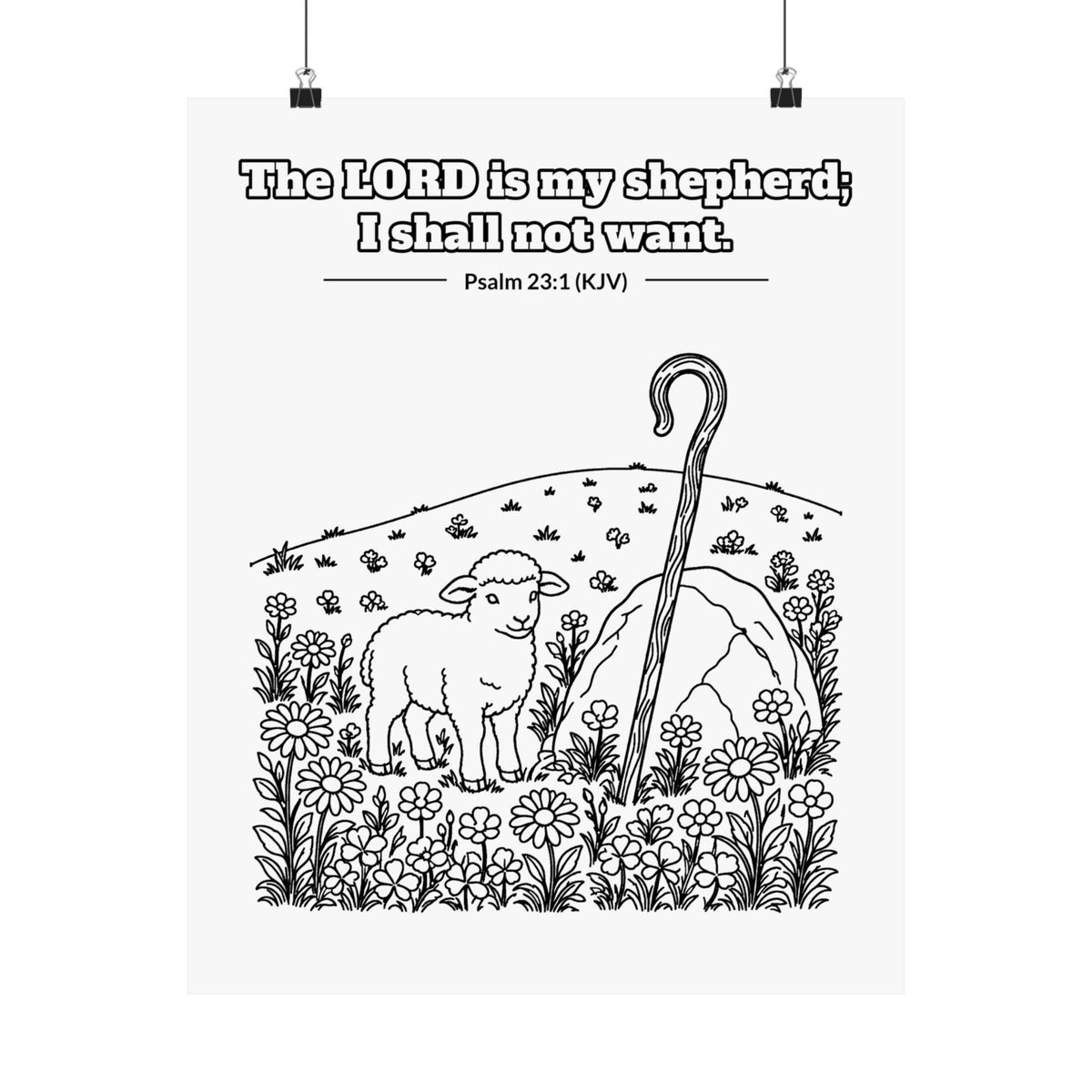 Black line art poster of a lamb beside a shepherd's crook in a flowering meadow, with Psalm 23:1 KJV lettered above: The LORD is my shepherd; I shall not want.