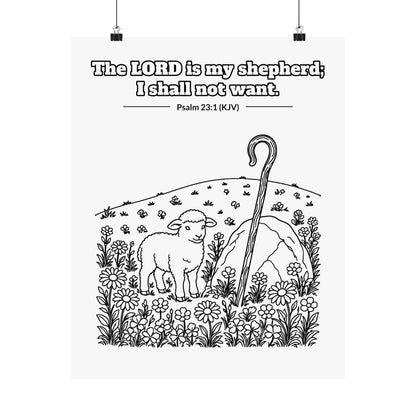 Black line art poster of a lamb beside a shepherd's crook in a flowering meadow, with Psalm 23:1 KJV lettered above: The LORD is my shepherd; I shall not want.