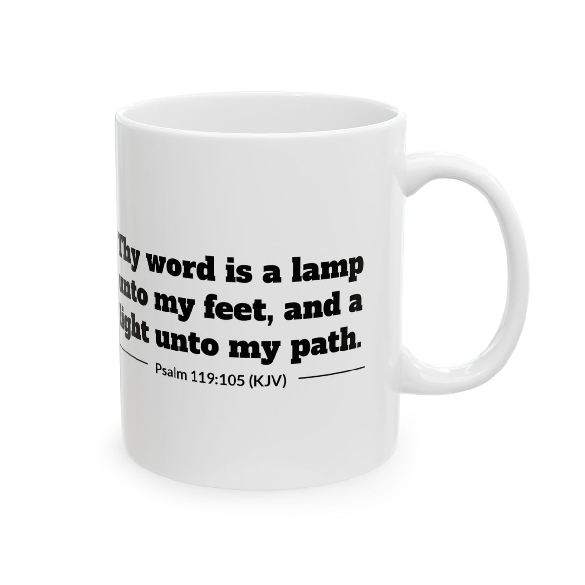 Psalm 119:105 KJV 11oz white mug with oil lamp line art and Thy word is a lamp verse, back