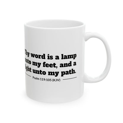Psalm 119:105 KJV 11oz white mug with oil lamp line art and Thy word is a lamp verse, back