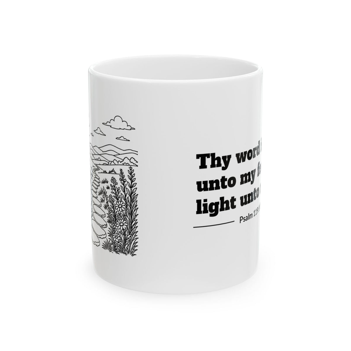 Psalm 119:105 KJV 11oz white mug with oil lamp line art and Thy word is a lamp verse, side view