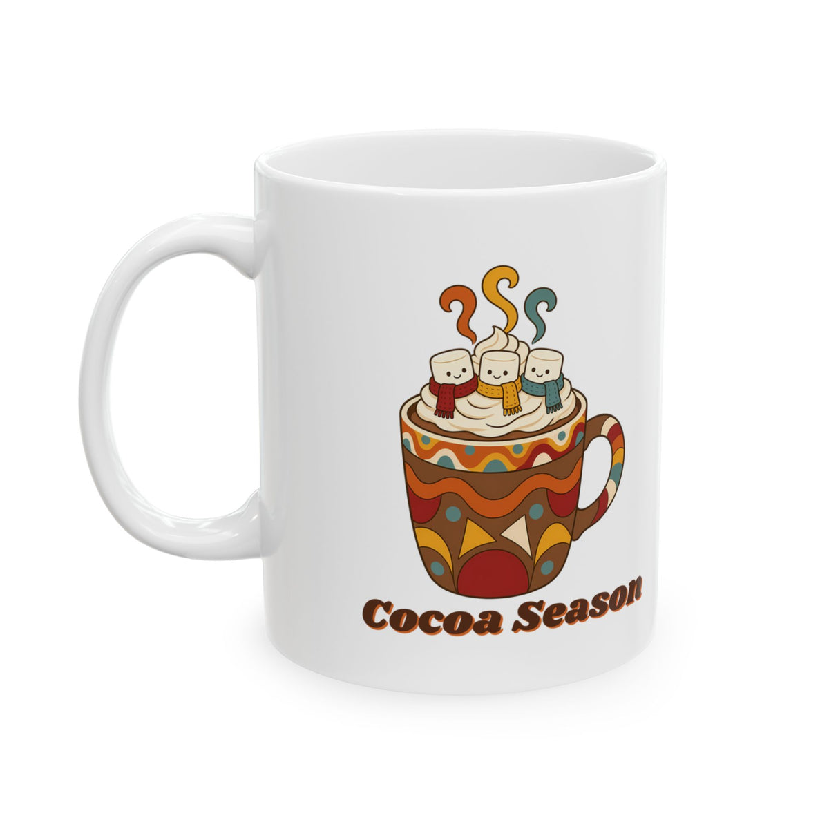 Cocoa Season 11oz white mug with steaming hot cocoa and marshmallow snowmen, back