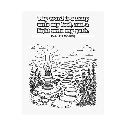 Black line art poster of an oil lamp on a stone beside a stepping-stone path winding into the hills, with Psalm 119:105 KJV lettered above: Thy word is a lamp unto my feet, and a light unto my path.