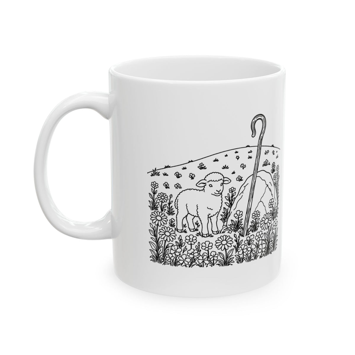 Psalm 23:1 KJV 11oz white mug with lamb line art and The LORD is my shepherd verse, front