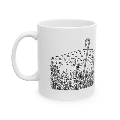 Psalm 23:1 KJV 11oz white mug with lamb line art and The LORD is my shepherd verse, front