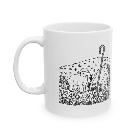 Psalm 23:1 KJV 11oz white mug with lamb line art and The LORD is my shepherd verse, front