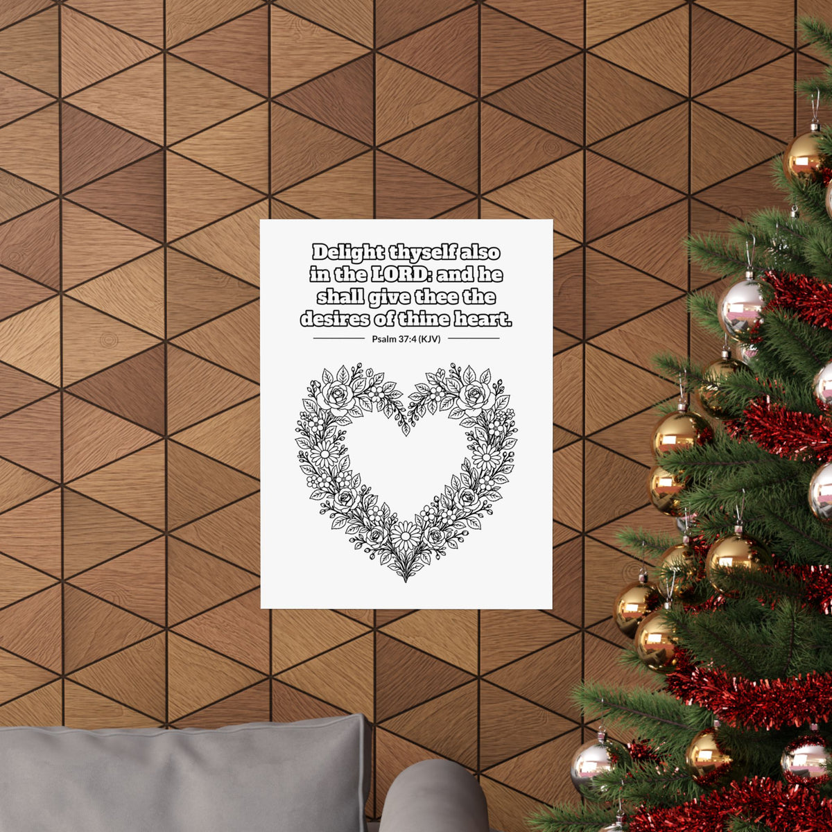 Black line art poster of a heart-shaped wreath of roses, wildflowers and leaves, with Psalm 37:4 KJV lettered above: Delight thyself also in the LORD: and he shall give thee the desires of thine heart.