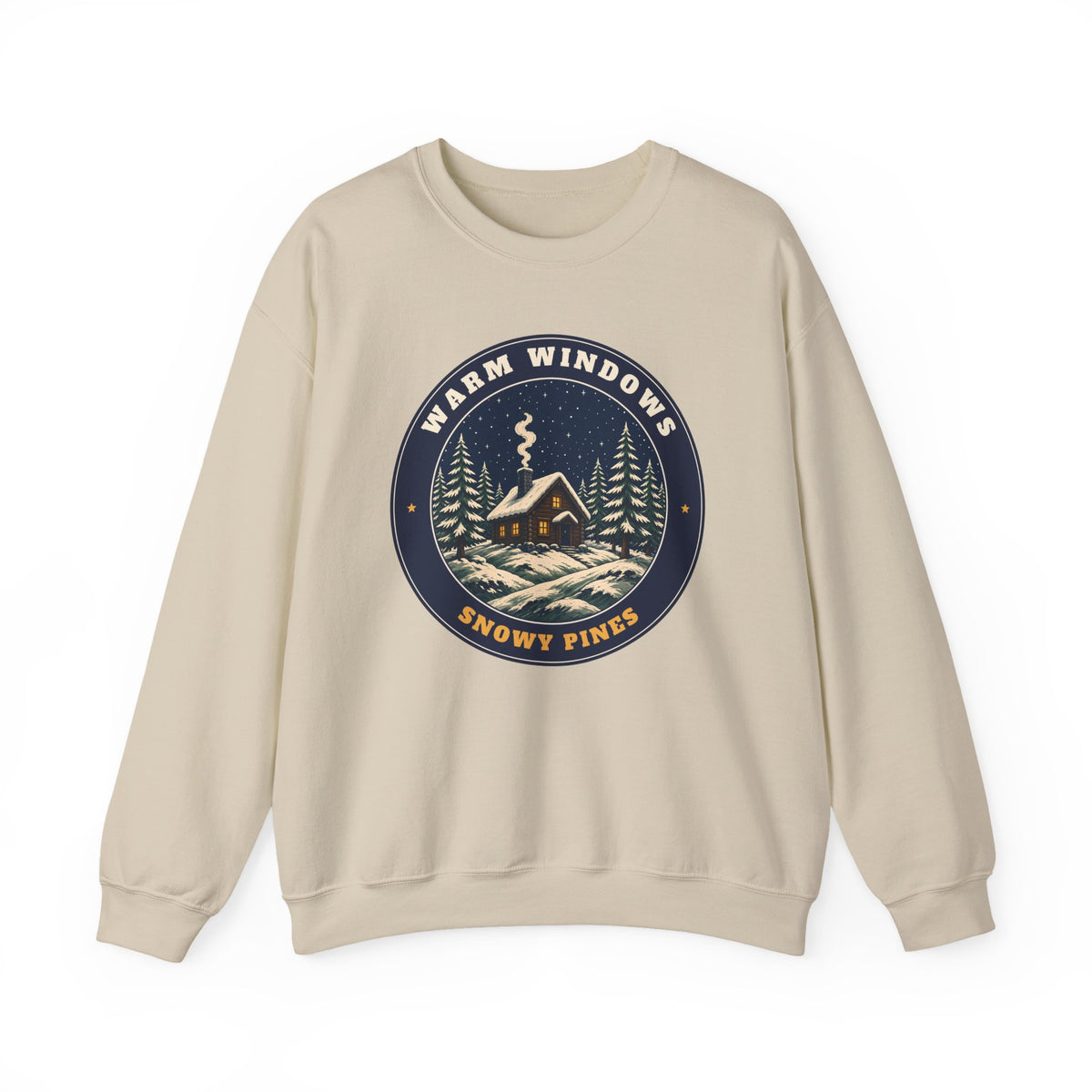 Warm Windows, Snowy Pines unisex crewneck sweatshirt in Sand