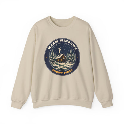 Warm Windows, Snowy Pines unisex crewneck sweatshirt in Sand