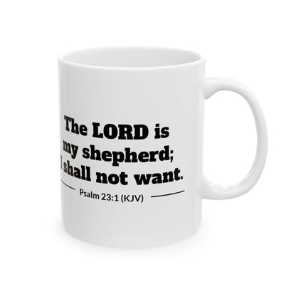Psalm 23:1 KJV 11oz white mug with lamb line art and The LORD is my shepherd verse, back
