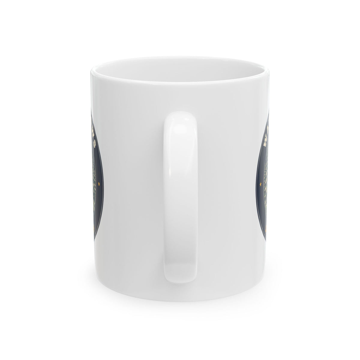 Warm Windows, Snowy Pines 11oz white mug with a glowing cabin among snowy pines, handle view