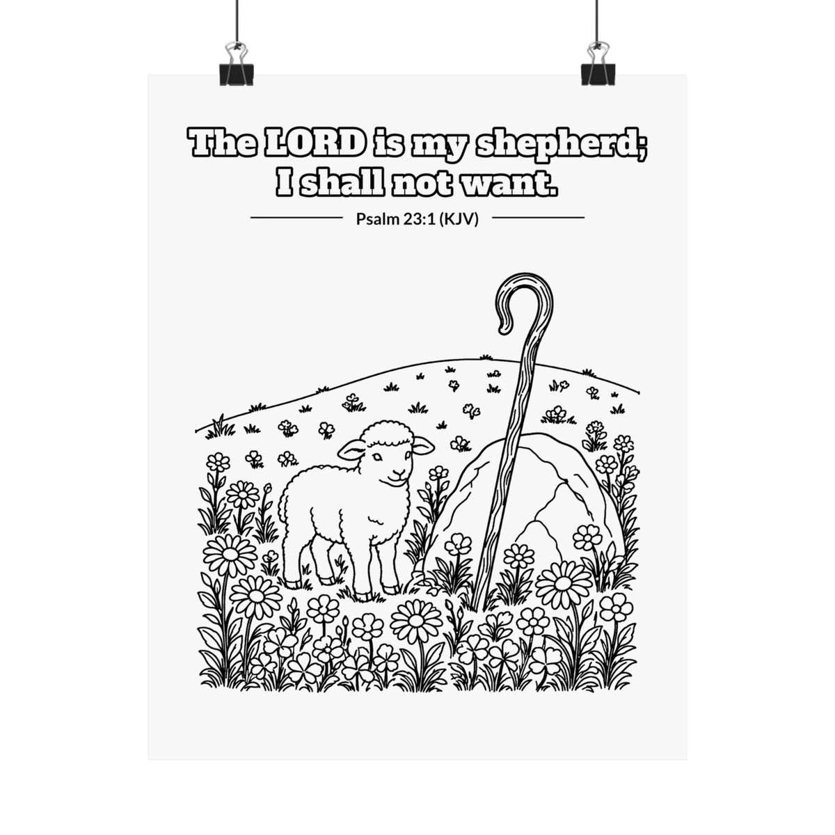 Black line art poster of a lamb beside a shepherd's crook in a flowering meadow, with Psalm 23:1 KJV lettered above: The LORD is my shepherd; I shall not want.