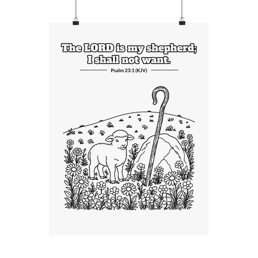 Black line art poster of a lamb beside a shepherd's crook in a flowering meadow, with Psalm 23:1 KJV lettered above: The LORD is my shepherd; I shall not want.