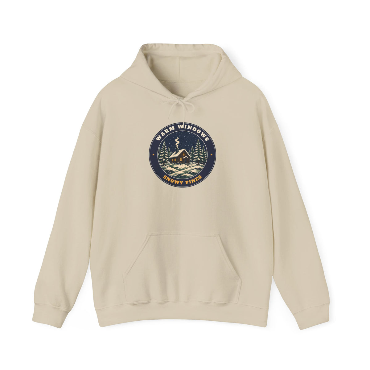 Warm Windows, Snowy Pines unisex hoodie in Sand