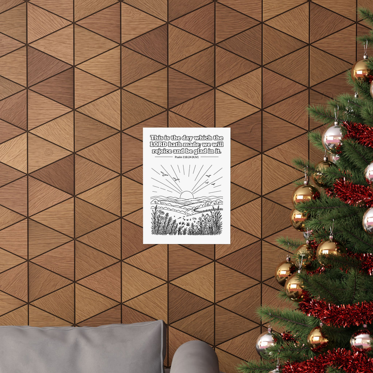 Black line art poster of the sun rising over rolling hills and wildflowers with birds in the sky, with Psalm 118:24 KJV lettered above: This is the day which the LORD hath made; we will rejoice and be glad in it.