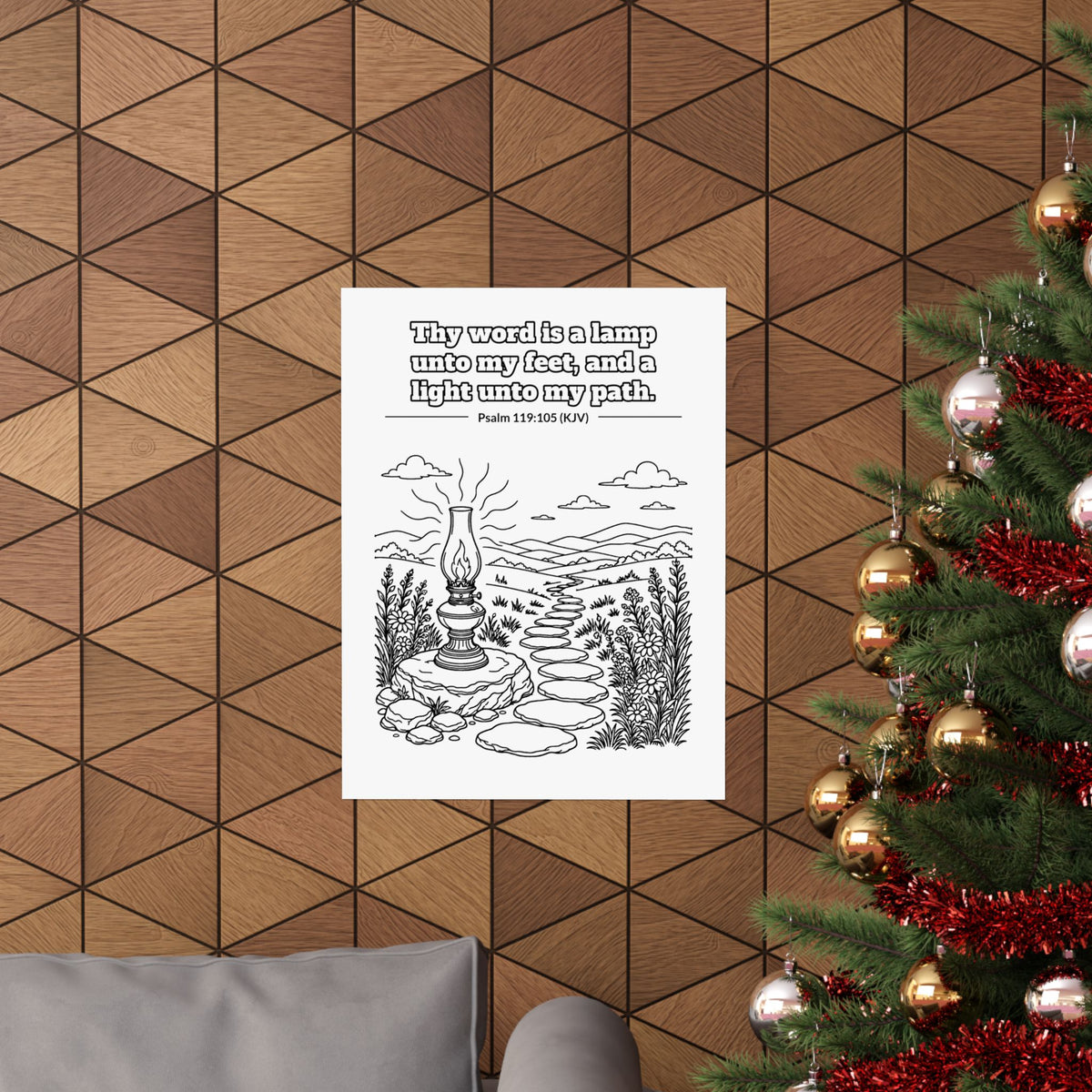Black line art poster of an oil lamp on a stone beside a stepping-stone path winding into the hills, with Psalm 119:105 KJV lettered above: Thy word is a lamp unto my feet, and a light unto my path.